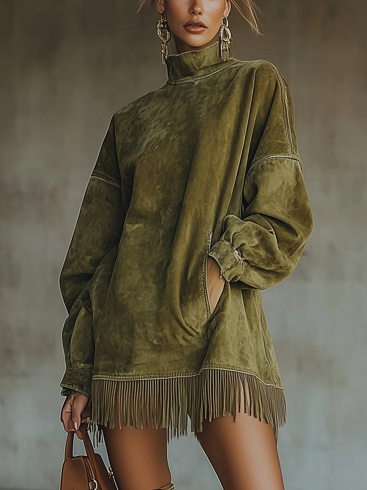 Darcie | Turtleneck Dress with Suede Fringe